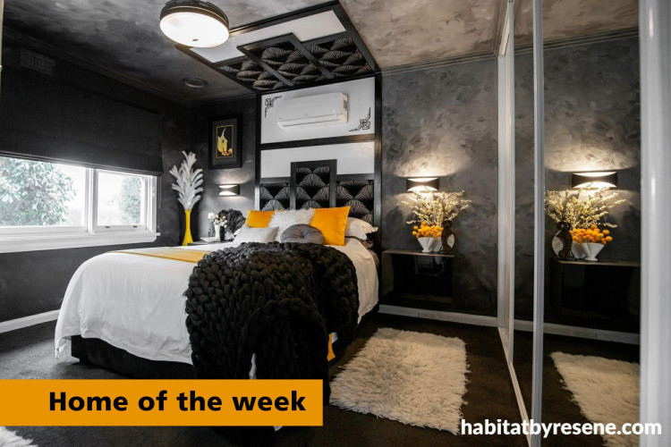 Bedroom with walls in an ombre effect painted in Resene All Black, Alabaster, Cliff Face Grey, Amber Grey and Athens Grey