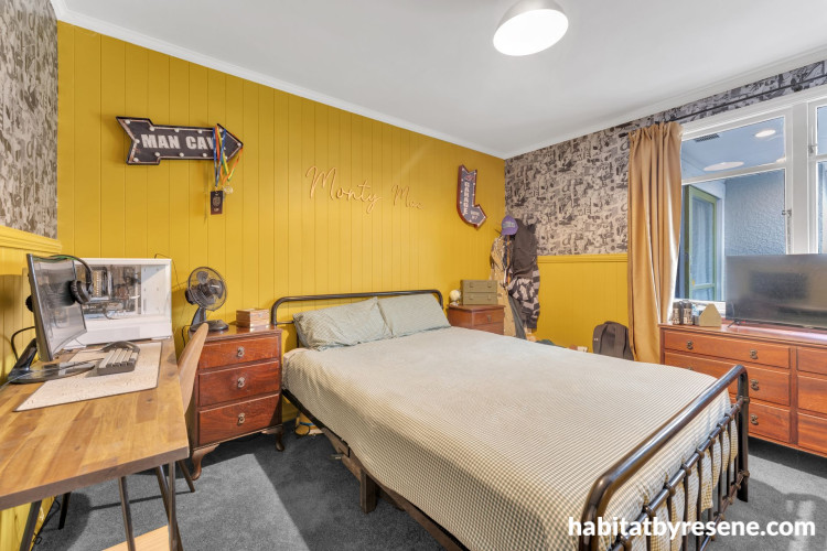 Bedroom painted in Resene Lemon Ginger, ceiling in Black White
