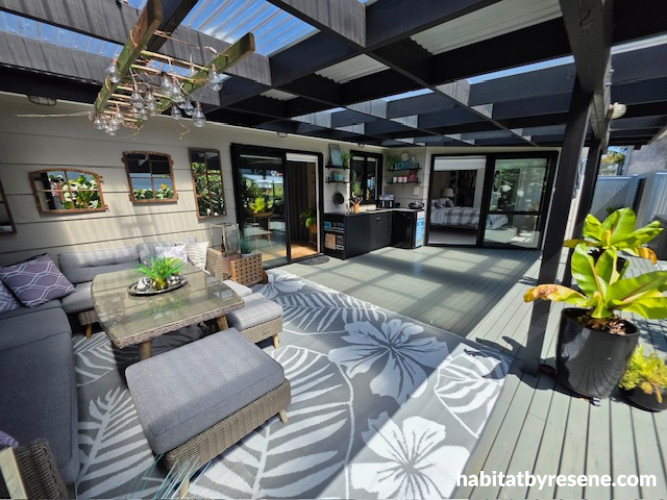 Exterior featuring Resene Half Pravda and kitchen units in Enamacryl Black