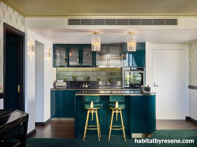 Kitchen with cabinetry in Resene Welcome, walls in Half Ecru White and Resene Komar Heritage Wallpaper Collection HX4-020 and ceiling in FX Metallic Gold