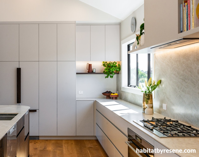 Kitchen with cabinets in Resene Quarter Rice Cake