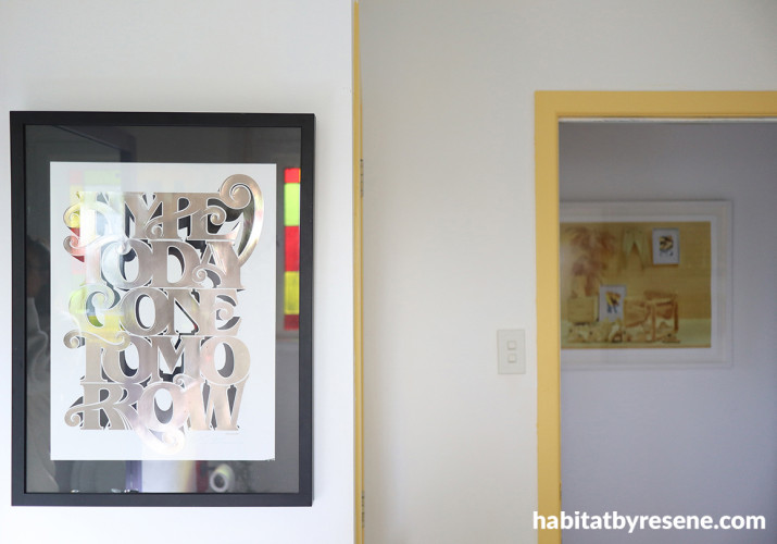 White doorway with yellow trims