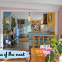 Dining area with soft pink walls and kitchen with bright yellow walls and soft blue cabinets