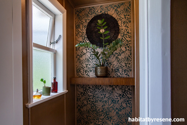 Corner window and walls featuring Resene metallic and teal floral wallpaper