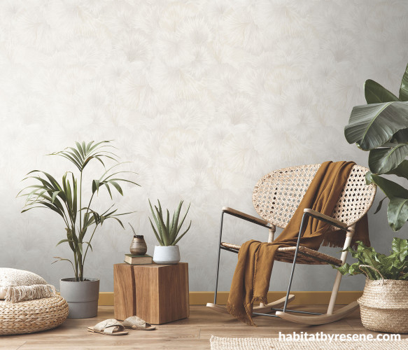 Living area with neutral tone wallpaper