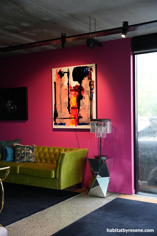 Living room, magenta living room, bold pink living room