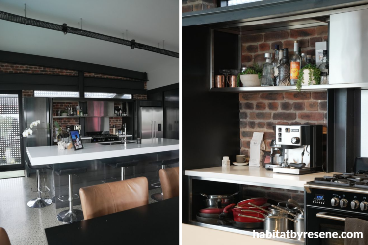 Industrial-chic kitchen featuring Resene Black White ceiling
