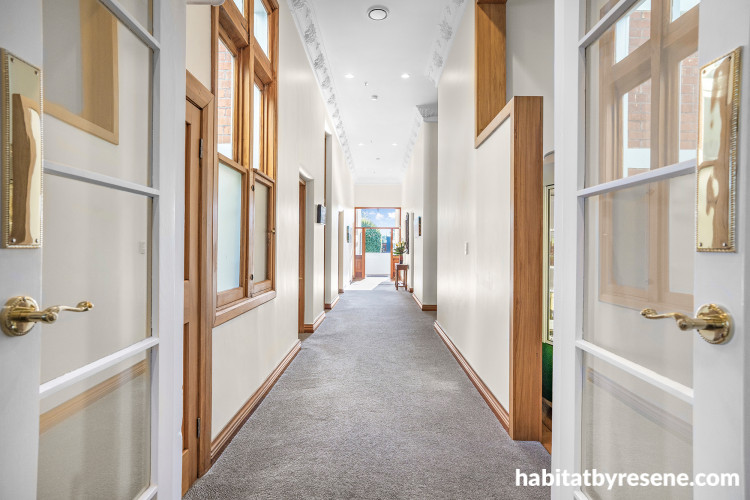 Hallway, neutral hallway, white hallway featuring Resene Pearl Lusta