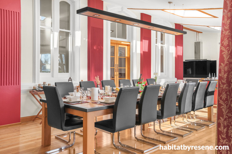 Dining room, dining room featuring Resene Red Hot and Resene Pearl Lusta