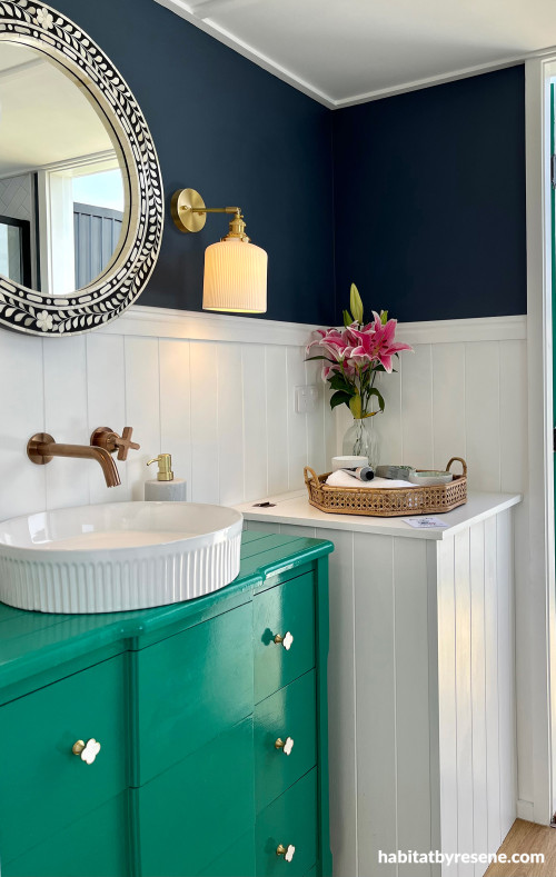 Tiny home with bathroom painted in Resene Watercourse