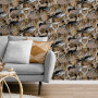 Living room featuring tiger-patterned wallpaper