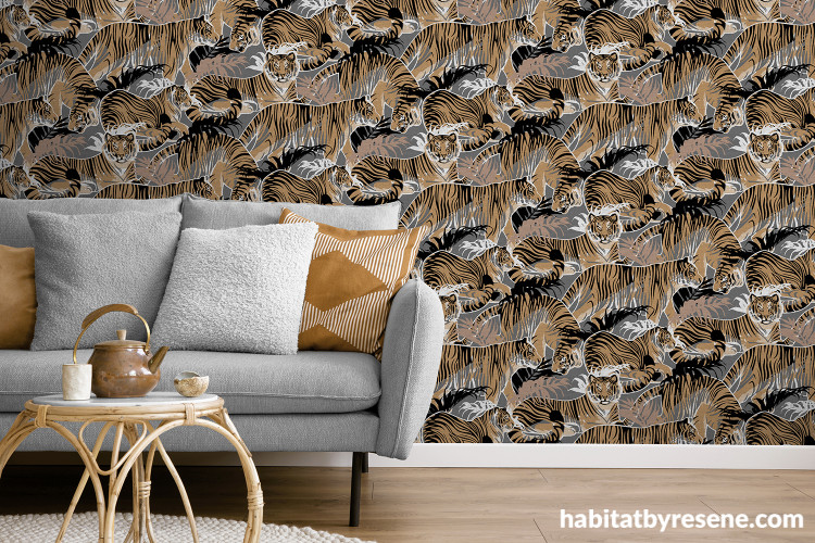 Living room featuring tiger-patterned wallpaper