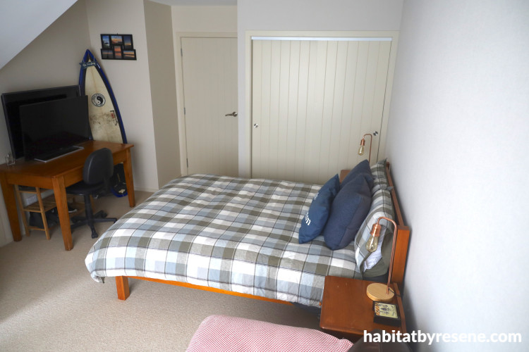 Bedroom walls in Resene Half Fossil, doors and trims in Fossil. 