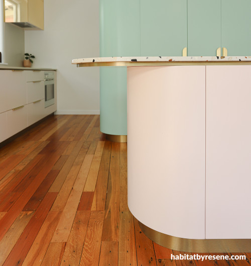 Kitchen featuring mint green and soft pink 