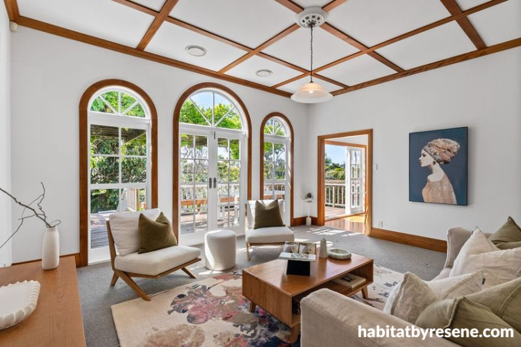 Living room with timber features and painted in Resene's most popular white Resene Black White
