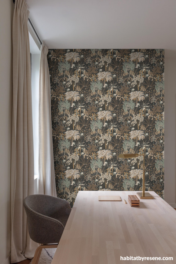 Welcome the softer side of nature with an office space like this, featuring Resene Wallpaper Collection A54801. 