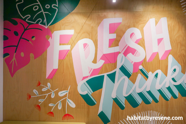 Merinda’s mural contains inspirational and motivational messages for the shared workspace in Auckland.