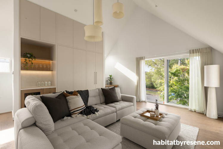 Living area featuring walls and ceiling in Resene Half Wan White
