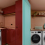 Laundry featuring cabinets painted in Resene Fahrenheit, ceiling in Just Right and door in Aqua