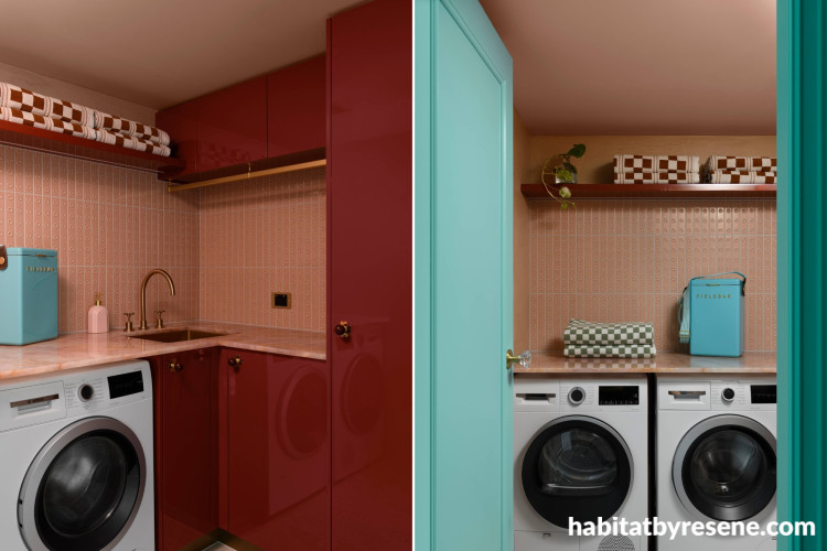 Laundry featuring cabinets painted in Resene Fahrenheit, ceiling in Just Right and door in Aqua