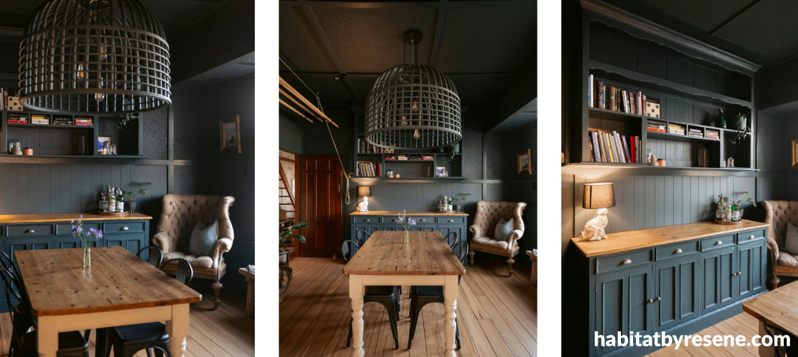 Dining space painted in Resene Big Stone. 