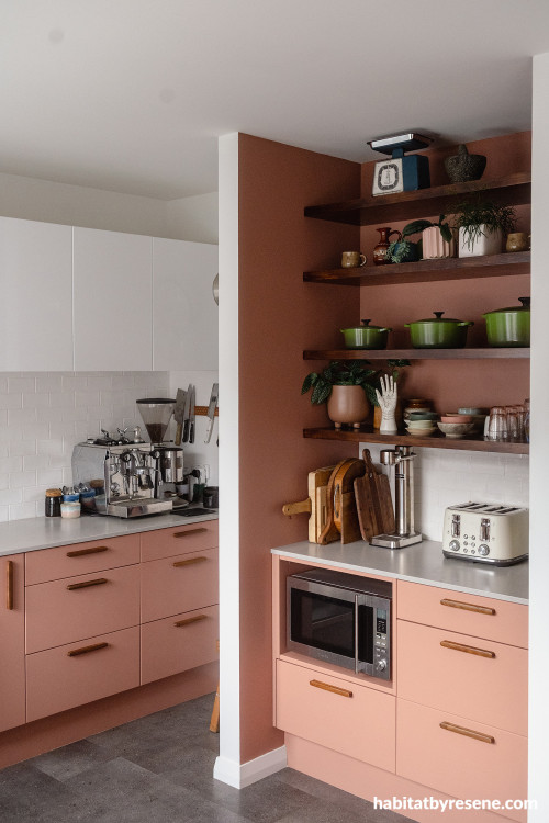 Kitchen cabinetry in terracotta pink Resene Summer Rose