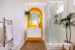 Bathroom, neutral bathroom featuring Resene Half Bianca and Resene Fuel Yellow