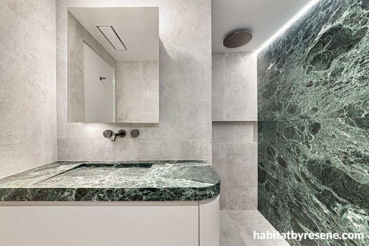 Bathroom featuring bathroom cabinets in Resene Half Thorndon Cream