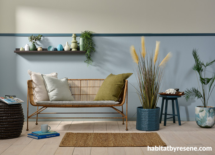 Living area, blue living area, living are featuring Resene Dusted Blue
