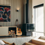 Living room featuring sunken seating area and vertical wall panels