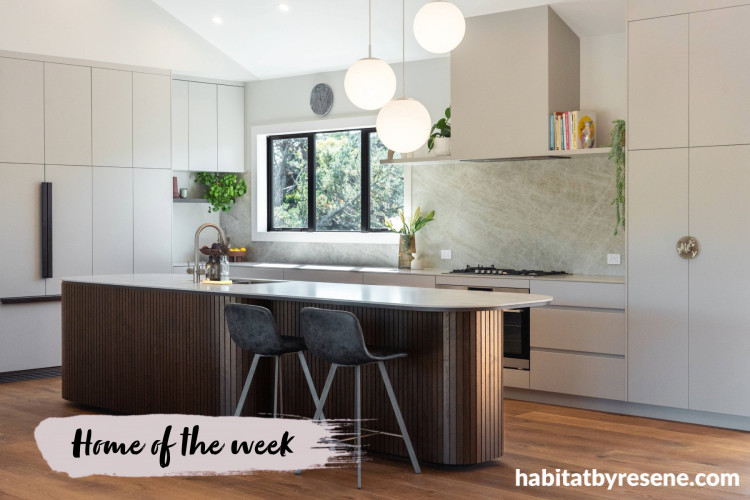 Neutral and blush kitchen painted in Resene Truffle and Resene Shabby Chic