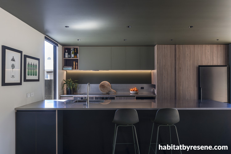 Kitchen featuring deep green Resene Log Cabin