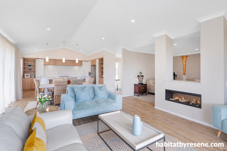 Light beige living area painted in Resene Quarter Sandspit Brown and Resene Alabaster