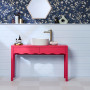 Bathroom featuring light blue and bright pink tones
