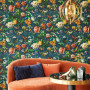 Living area featuring moody floral wallpaper