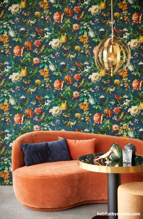 Living area featuring moody floral wallpaper