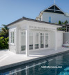 White pool house exterior painted in Resene Wan White with cladding in Resene Foggy Grey