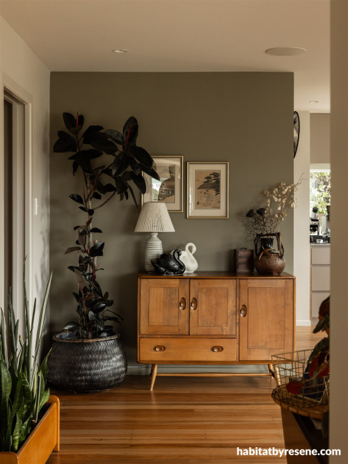 Living area with feature wall painted in Resene Lichen