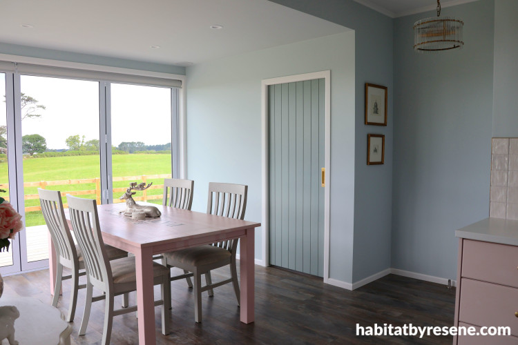 Dining room, soft blue dining room, dining room featuring Resene Half Duck Egg Blue