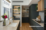 Kitchen, kitchen featuring dark green cabinetry and wooden floors