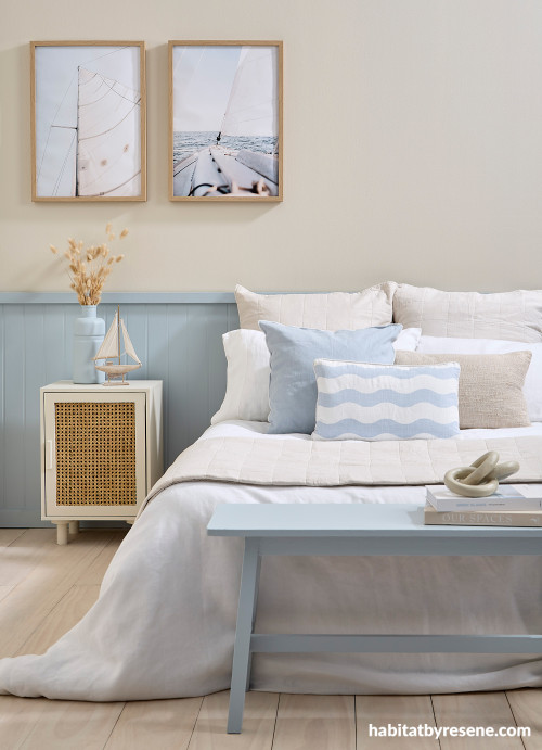 Light blue and off-white bedroom, light blue and white bedroom