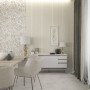 Dining room featuring neutral, textured Resene wallpaper
