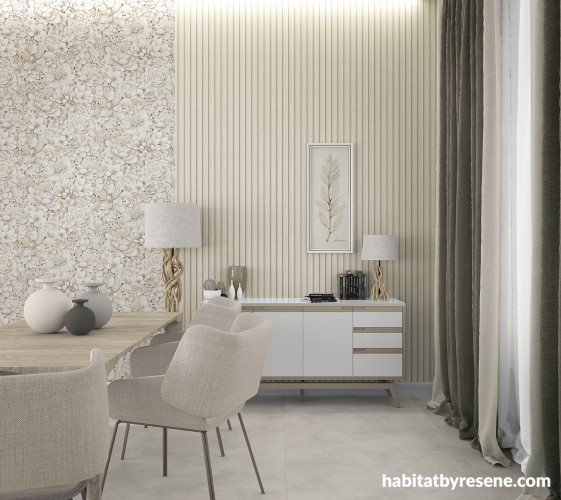 Dining room featuring neutral, textured Resene wallpaper