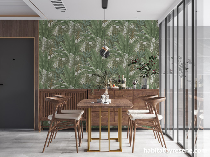 Dining room featuring green nature-inspired Resene wallpaper