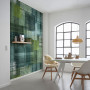 Dining room featuring feature wallpaper in a vibrant green and abstract plaid pattern