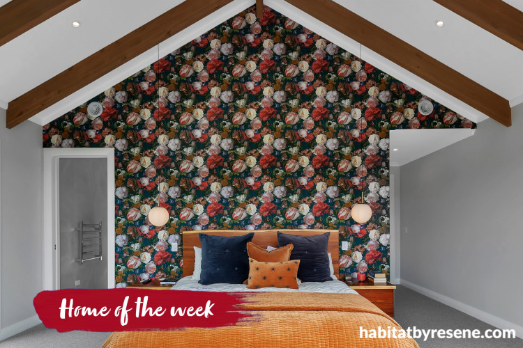 Bedroom with feature wall in bold floral Resene wallpaper