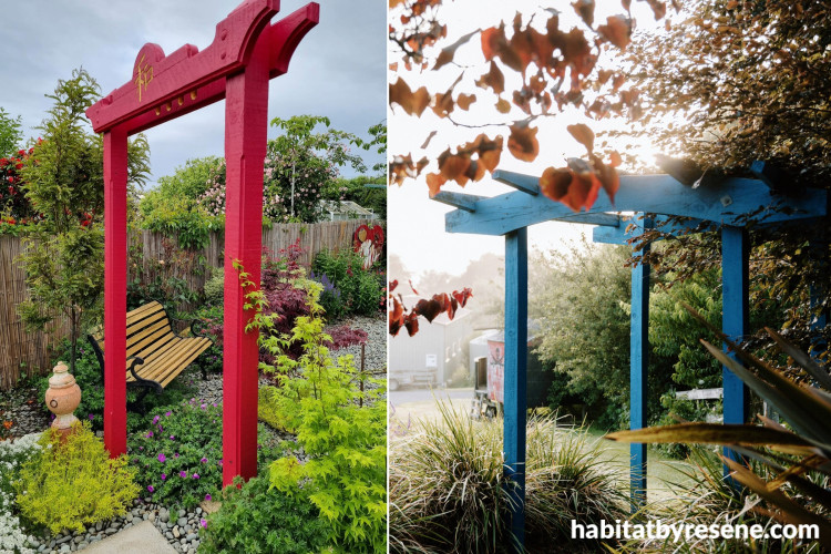 Japanese-inspired garden featuring painted arch 