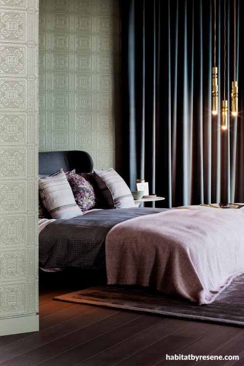 Bedroom featuring ornate Resene wallpaper