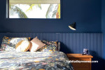 Bedroom, bold blue bedroom, blue bedroom, bedroom featuring Resene Bunting