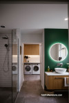 bathroom, green bathroom, bathroom lighting, laundry lighting, white laundry, lighting ideas